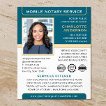 Mobile Notary Public Loan Signing Agent Teal Gold Flyer<br><div class="desc">Professional Notary Public flyers with a profile photo, logo and accreditation symbols. This editable template is personalized with a name, credentials, area served, contact information and list of services. You can add your company logo and certification marks for branding. A classic blend of traditional and contemporary style, creating an elegant...</div>