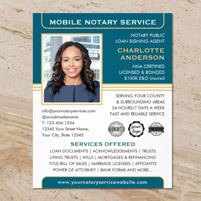 Mobile Notary Public Loan Signing Agent Teal Gold Flyer | Zazzle