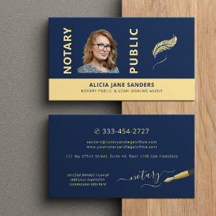 Mobile notary public photo navy blue gold  business card