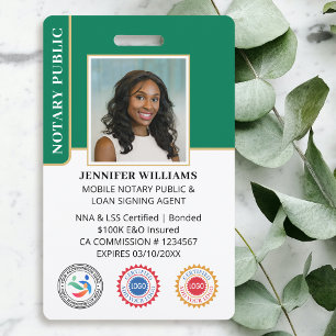 Mobile Notary Public Photo QR Code ID Green Badge
