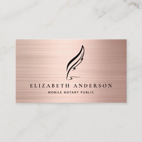 Mobile Notary Public Quill Rose Gold Brushed Metal Business Card