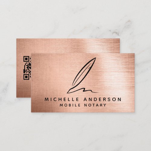 Mobile Notary Public Rose Gold Quill QR Code Business Card