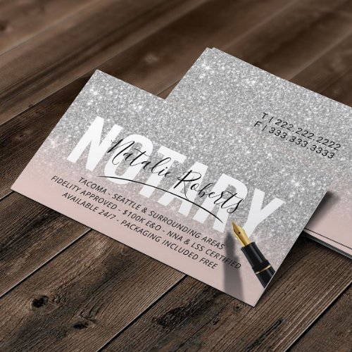 Mobile Notary Public Rose Gold Silver Glitter Business Card