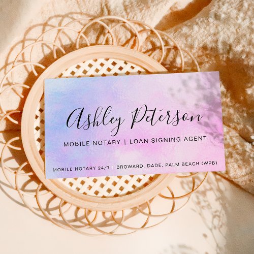 Mobile Notary public script pink pearl holographic Business Card