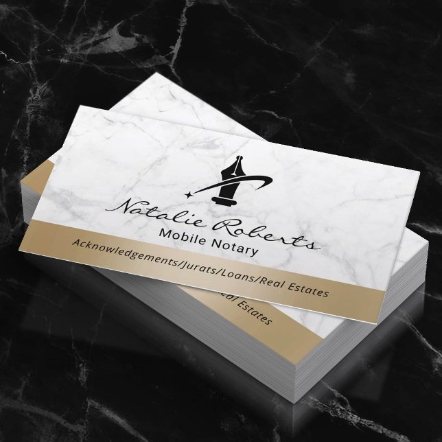 Mobile Notary Public Service Gold Border Marble Business Card (Creator Uploaded)