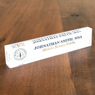 Mobile Notary Public Signing Agent Legal navy gold Desk Name Plate