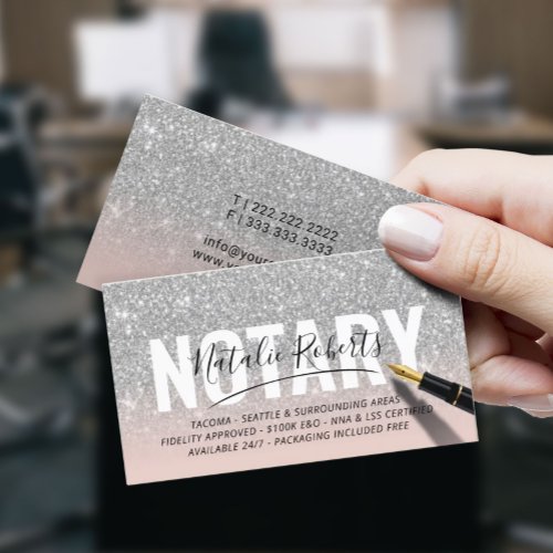 Mobile Notary Public Silver Glitter Pink Signature Business Card