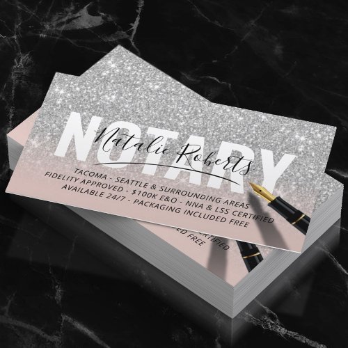Mobile Notary Public Silver Glitter Signature Pink Business Card