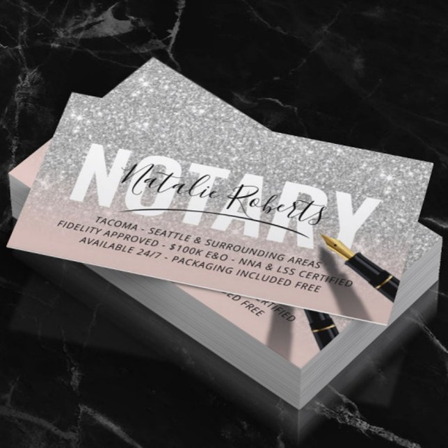 Mobile Notary Public Silver Glitter Signature Pink Business Card (Creator Uploaded)
