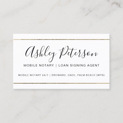 Mobile Notary public typography gold stripe Business Card