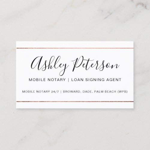 Mobile Notary public typography rose gold stripe Business Card