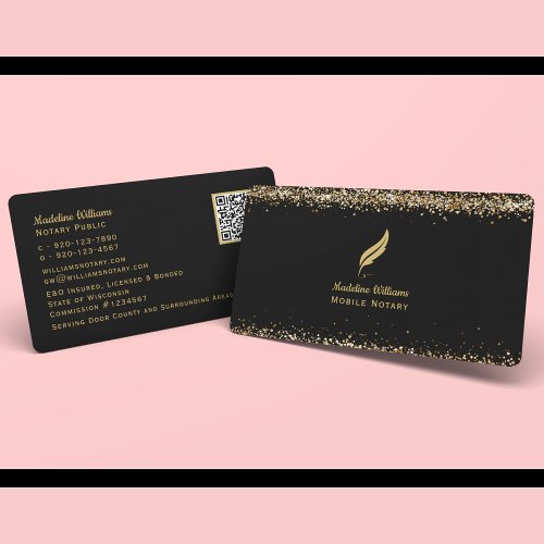 Mobile Notary Quill QR Code Black Gold Business Card