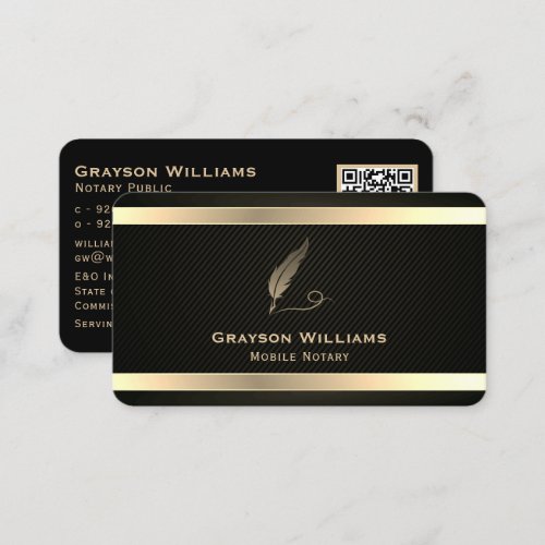 Mobile Notary Quill QR Code Gold Black  Business Card