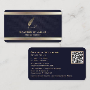 Mobile Notary Quill QR Code Gold Navy Business Card