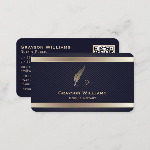 Mobile Notary Quill QR Code Gold Navy Business Card