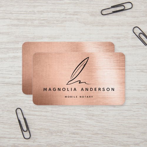 Mobile Notary Quill Rose Gold Brushed Metal Busine Business Card