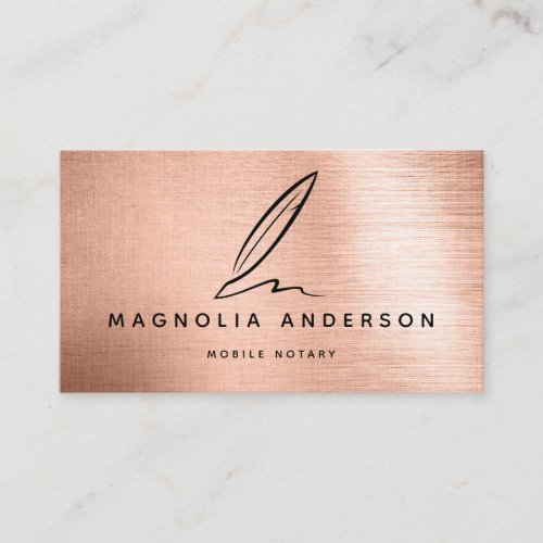 Mobile Notary Quill Rose Gold Brushed Metal Business Card