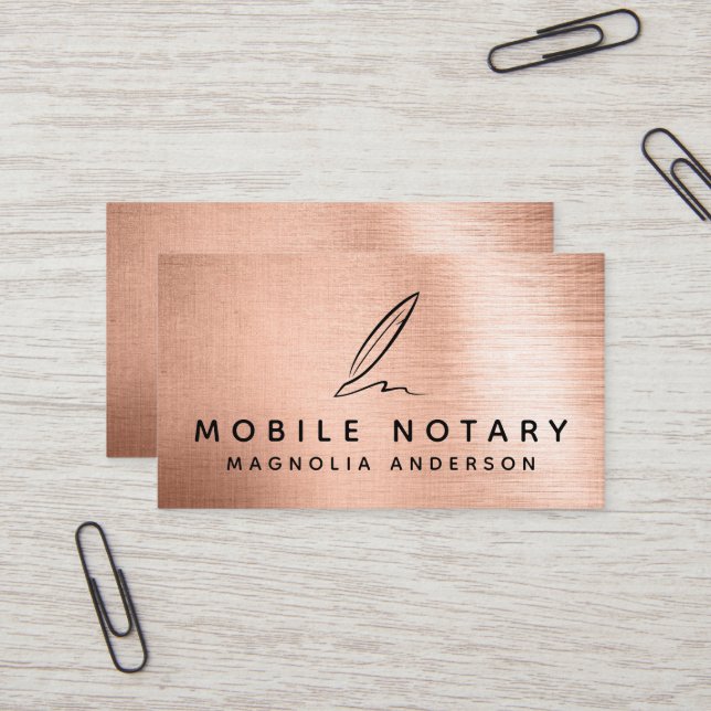 Mobile Notary Quill Rose Gold Brushed Metal Business Card (Front/Back In Situ)