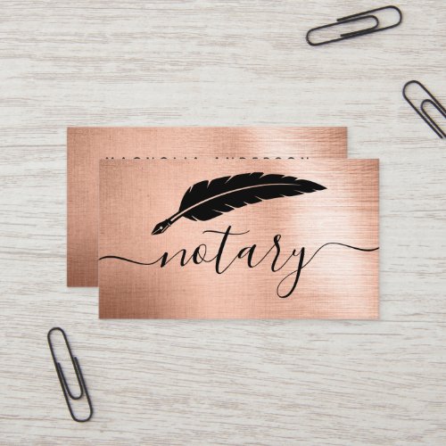 Mobile Notary Quill Rose Gold Brushed Metal  Business Card