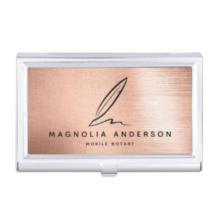 Mobile Notary Quill Rose Gold Brushed Metal Business Card Case