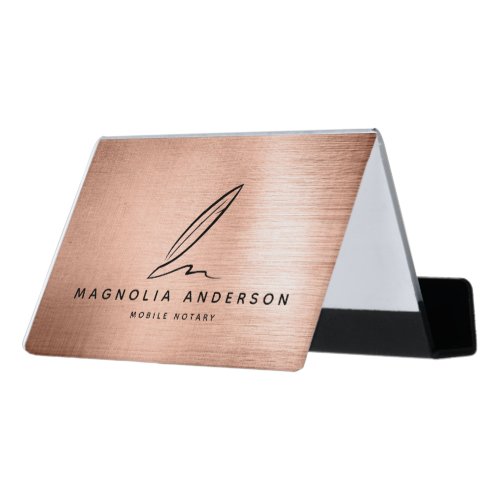 Mobile Notary Quill Rose Gold Brushed Metal  Desk Business Card Holder