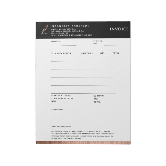 Mobile Notary Quill Rose Gold Invoice Notepad (Rotated)