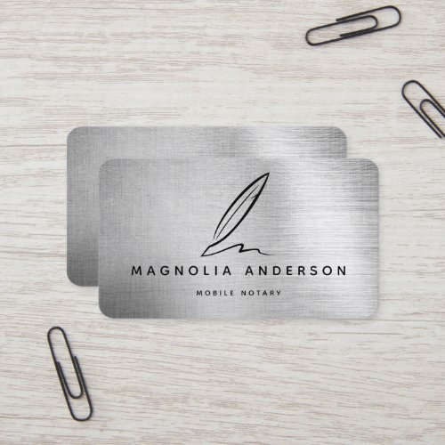 Mobile Notary Quill Silver Brushed Metal  Business Card