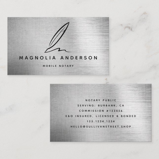 Mobile Notary Quill Silver Brushed Metal  Business Card (Front/Back)