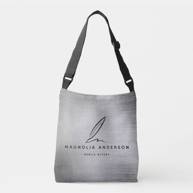 Mobile Notary Quill Silver Brushed Metal Crossbody Bag (Front)