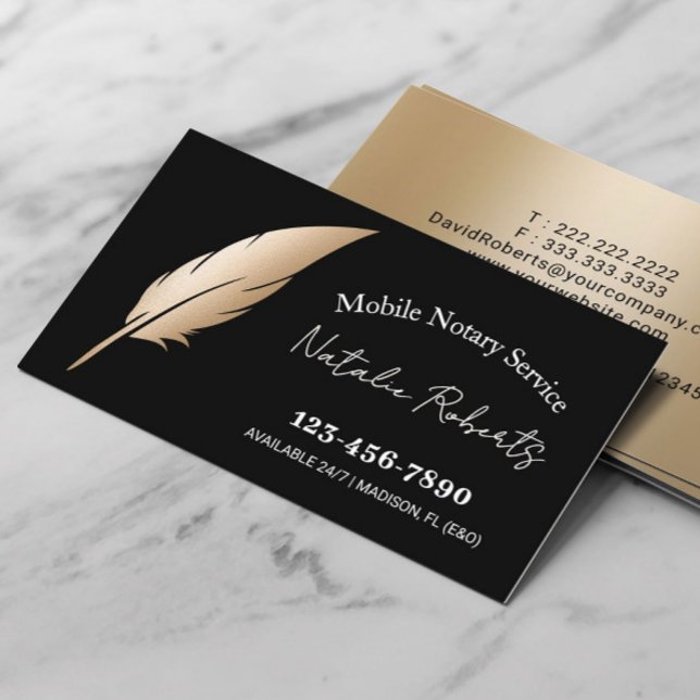Mobile Notary Service Gold Feather Pen Black Business Card (Creator Uploaded)