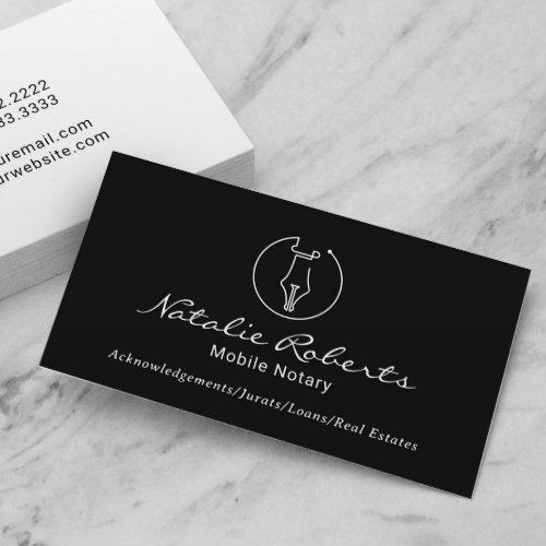 Mobile Notary Service Minimalist Pen Logo Black Business Card