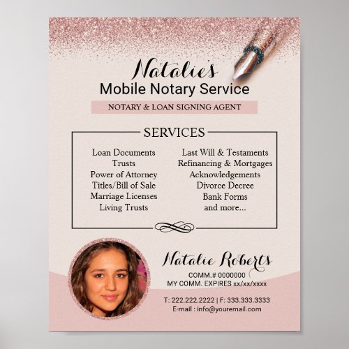 Mobile Notary Service Modern Rose Gold Glitter Poster