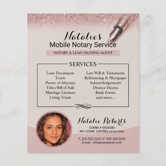 Mobile Notary Service Rose Gold Glitter Photo Flyer