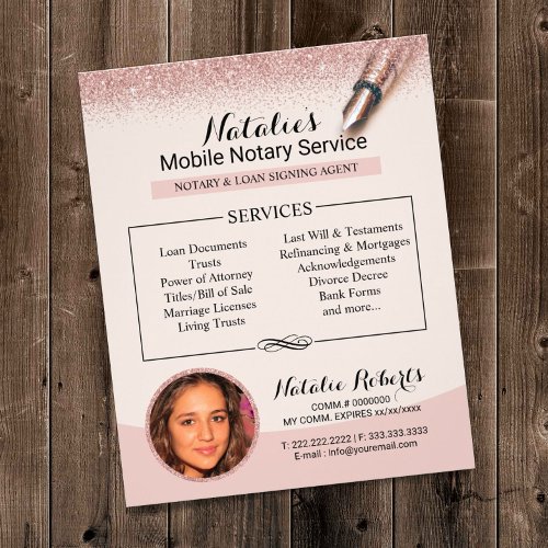 Mobile Notary Service Rose Gold Glitter Photo Flyer