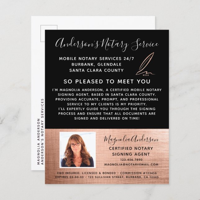 Mobile Notary Service Rose Gold Photo Postcard (Front/Back)