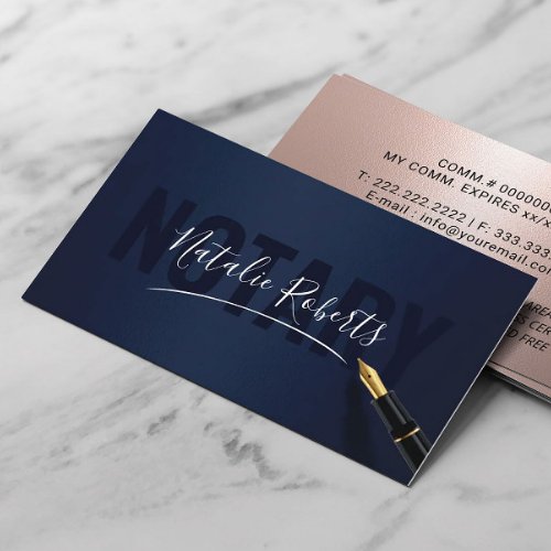 Mobile Notary Service Signature Navy  Rose Gold Business Card