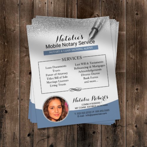 Mobile Notary Service Silver Glitter Blue Photo Flyer