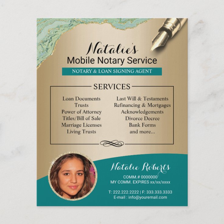 Mobile Notary Service Teal & Gold Photo Flyer | Zazzle