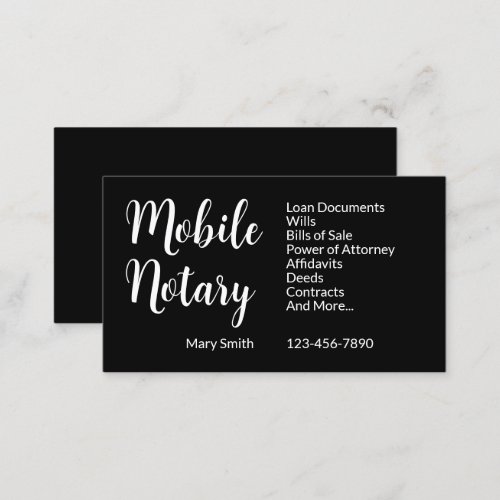 Mobile Notary Services Phone Number Black  White Business Card