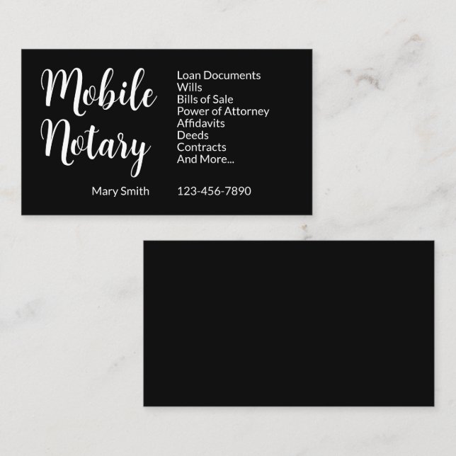 Mobile Notary Services Phone Number Black & White Business Card (Front/Back)