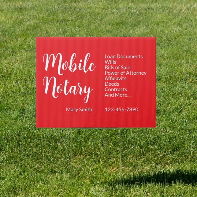 Mobile Notary Services Phone Number Red & White Sign (Insitu)
