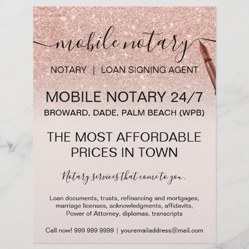 Mobile notary services rose gold glitter ombre flyer