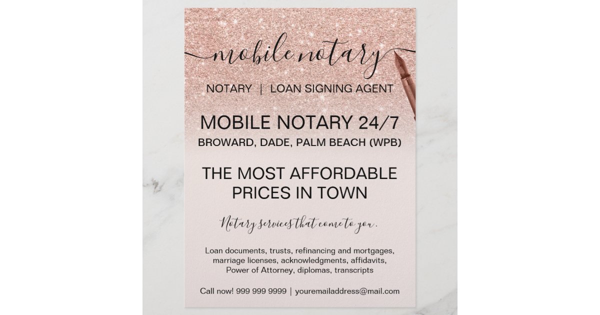 Mobile notary services rose gold glitter ombre flyer | Zazzle.com