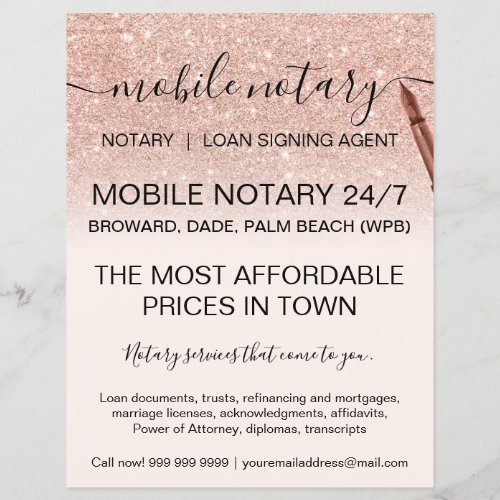Mobile notary services rose gold glitter ombre flyer