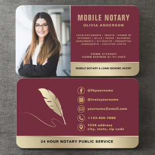Mobile Notary Signing Agent Burgundy Gold Photo  Business Card