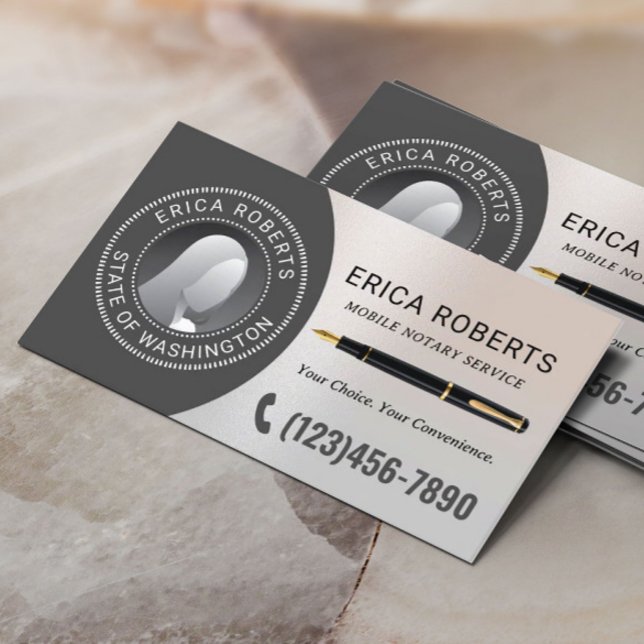 Mobile Notary Signing Agent Classy Silver Photo Business Card (Creator Uploaded)
