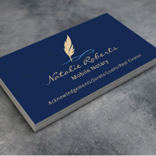Mobile Notary Signing Agent Custom Quill Logo Navy Business Card