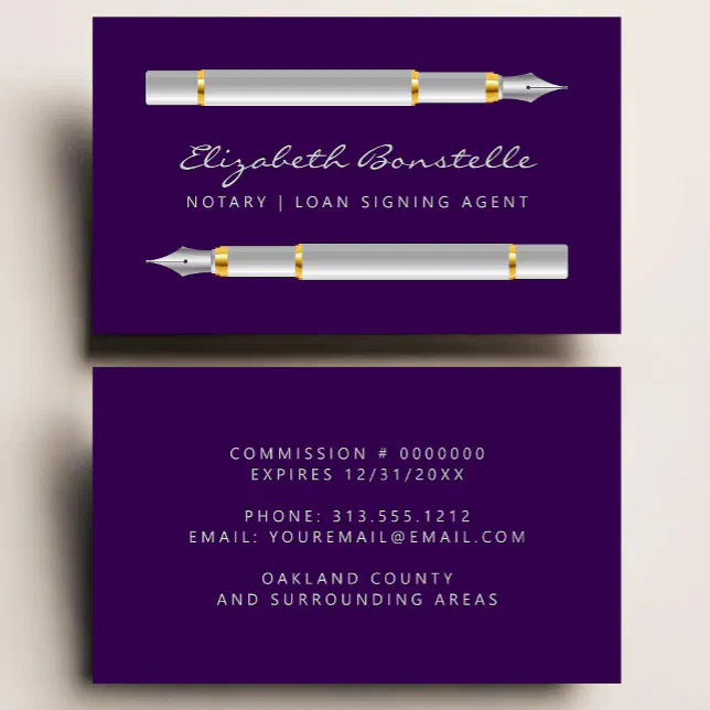 Mobile Notary Signing Agent Fountain Pens Purple Business Card | Zazzle