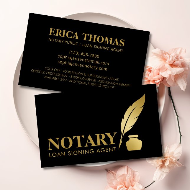 Mobile Notary Signing Agent Luxury Black & Gold Business Card (Creator Uploaded)