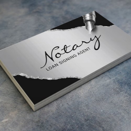Mobile Notary Signing Agent Modern Black  Silver Business Card
